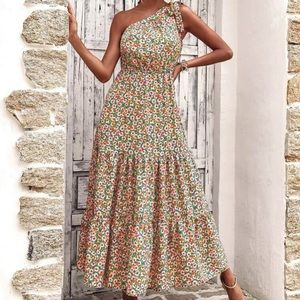 Boho floral print knot one shoulder A line maxi dress
